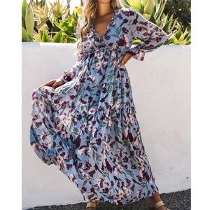 🌹Elegant Chic Long Sleeve Floral Maxi Dress in Blue and Purple